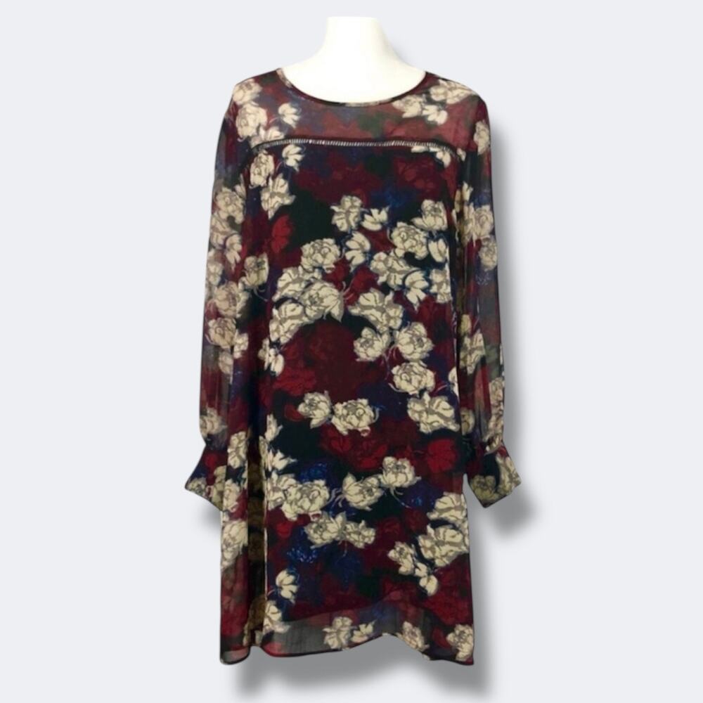 Simply Noelle Shift Dress Women L/XL Burgundy Floral Long Sleeve Fall